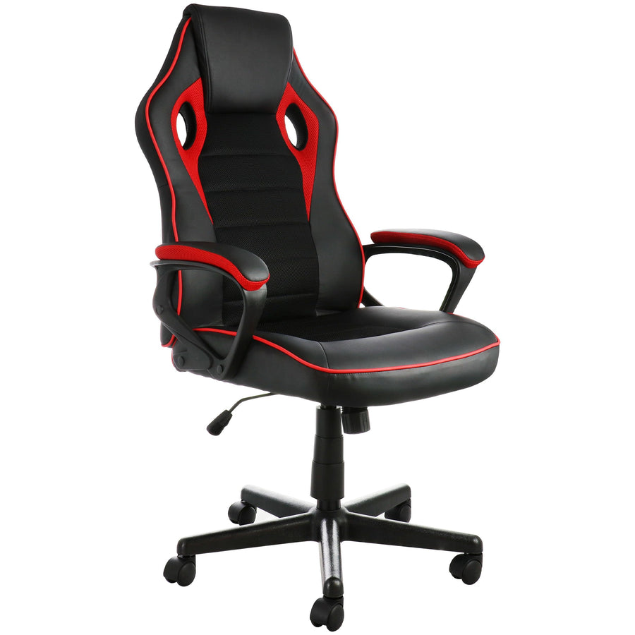 Elama high back faux leather office chair in black and red with padded arms, ventilated upper back and swivel base, front three-quarter view