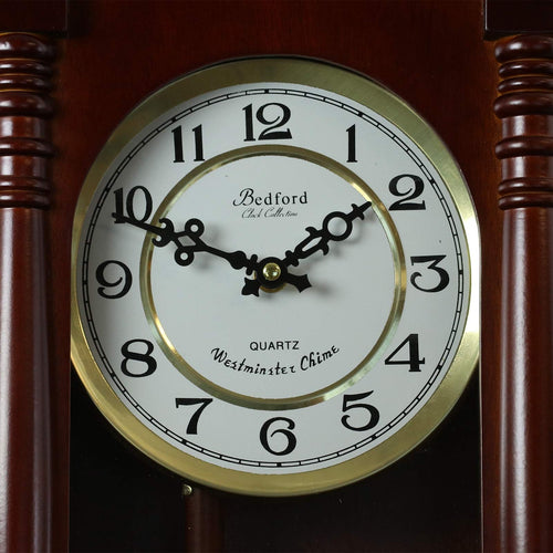 Bedford Clock Collection Classic 27.5" Cherry Oak Chiming Wall Clock with Swinging Pendulum – Quartz Westminster Chimes & Metal Dial