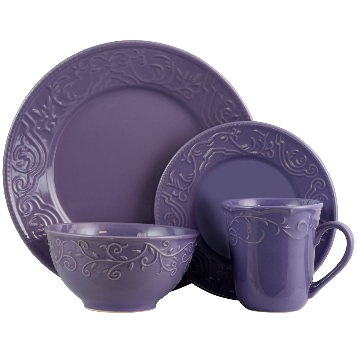 Stoneware Dinnerware Set for 4, 16 Piece with Mugs, Embossed Lavender Plates and Bowls, Elama Lilac Fields