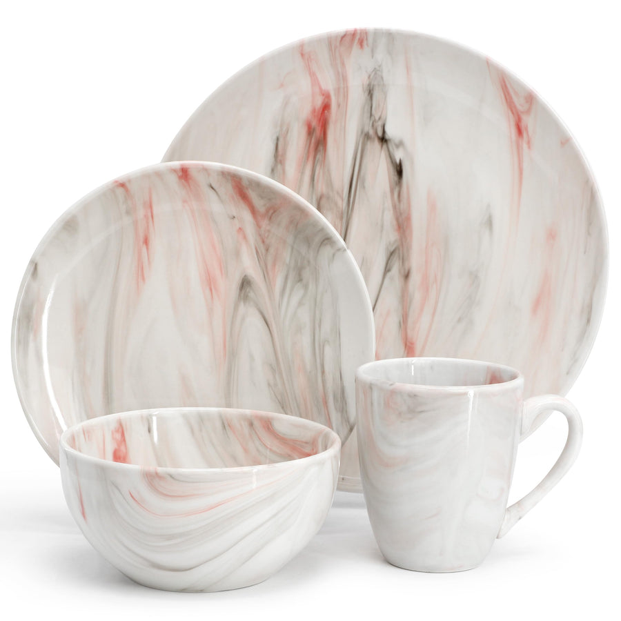 Elama Fine Marble porcelain place setting: dinner plate, salad plate, bowl and mug in red and gray marble