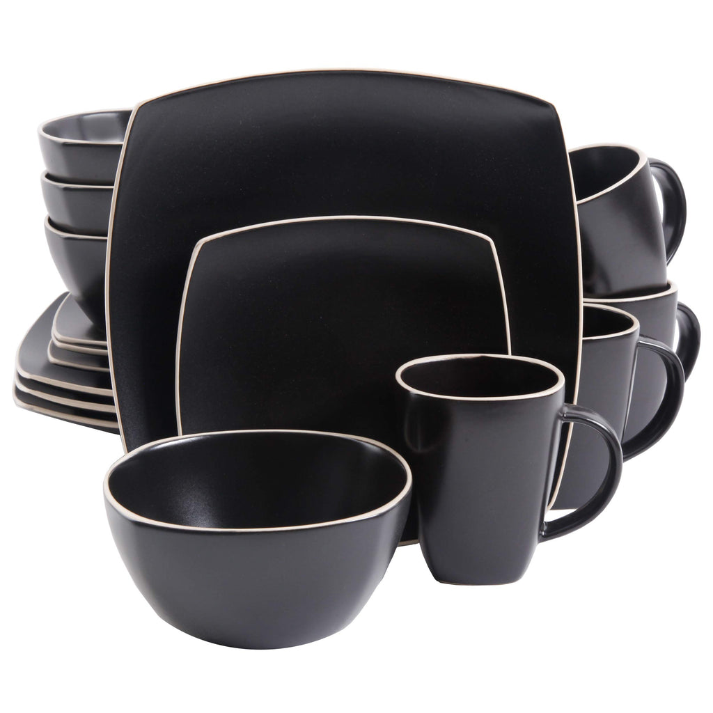 Gibson Home Soho Lounge 16-Piece Square Stoneware Dinnerware Set – Matte Black, Service for 4 (Microwave & Dishwasher Safe)