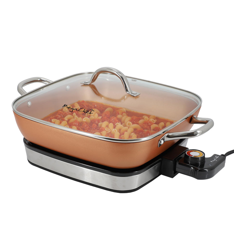 MegaChef 11.81-Inch Electric Fry Pan, Copper Non-Stick, Glass Lid