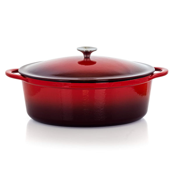 MegaChef 7 Quart Oval Enameled Cast Iron Casserole with Lid, Red