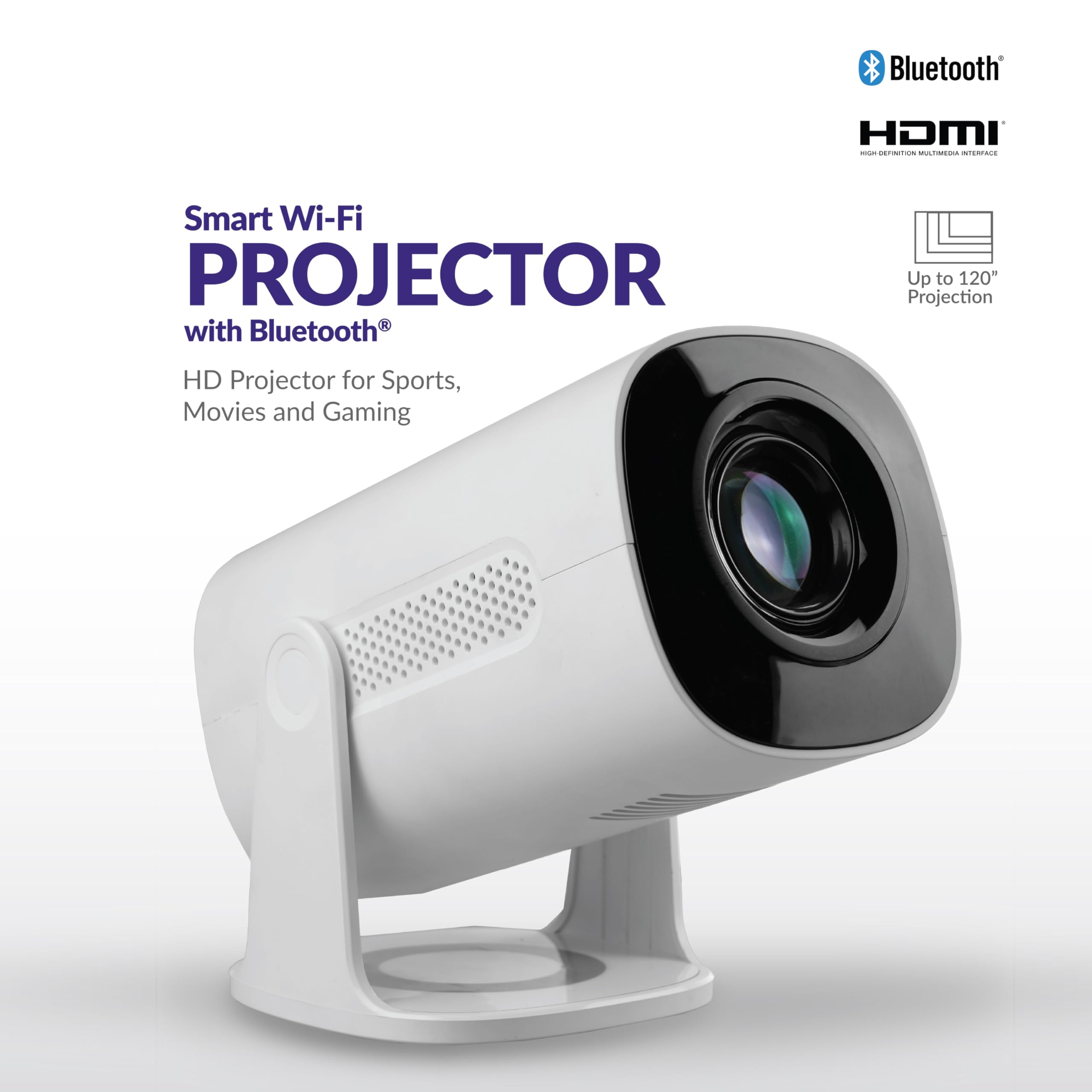 SuperSonic SC-92P Smart WiFi Streaming Projector with Bluetooth 5.3 and Aurora Light Effect - White