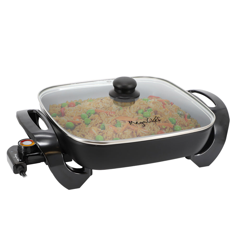 MegaChef 11.81 Inch Electric Skillet with Tempered Glass Lid, Black