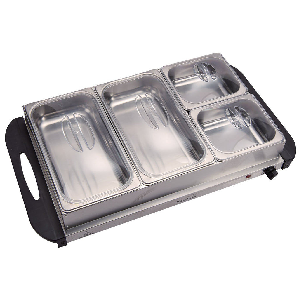 MegaChef Stainless Steel Buffet Server & Food Warmer – 4 Sectional Trays, Large Base Warming Surface, Easy-Clean Stainless Housing for Parties & Holidays