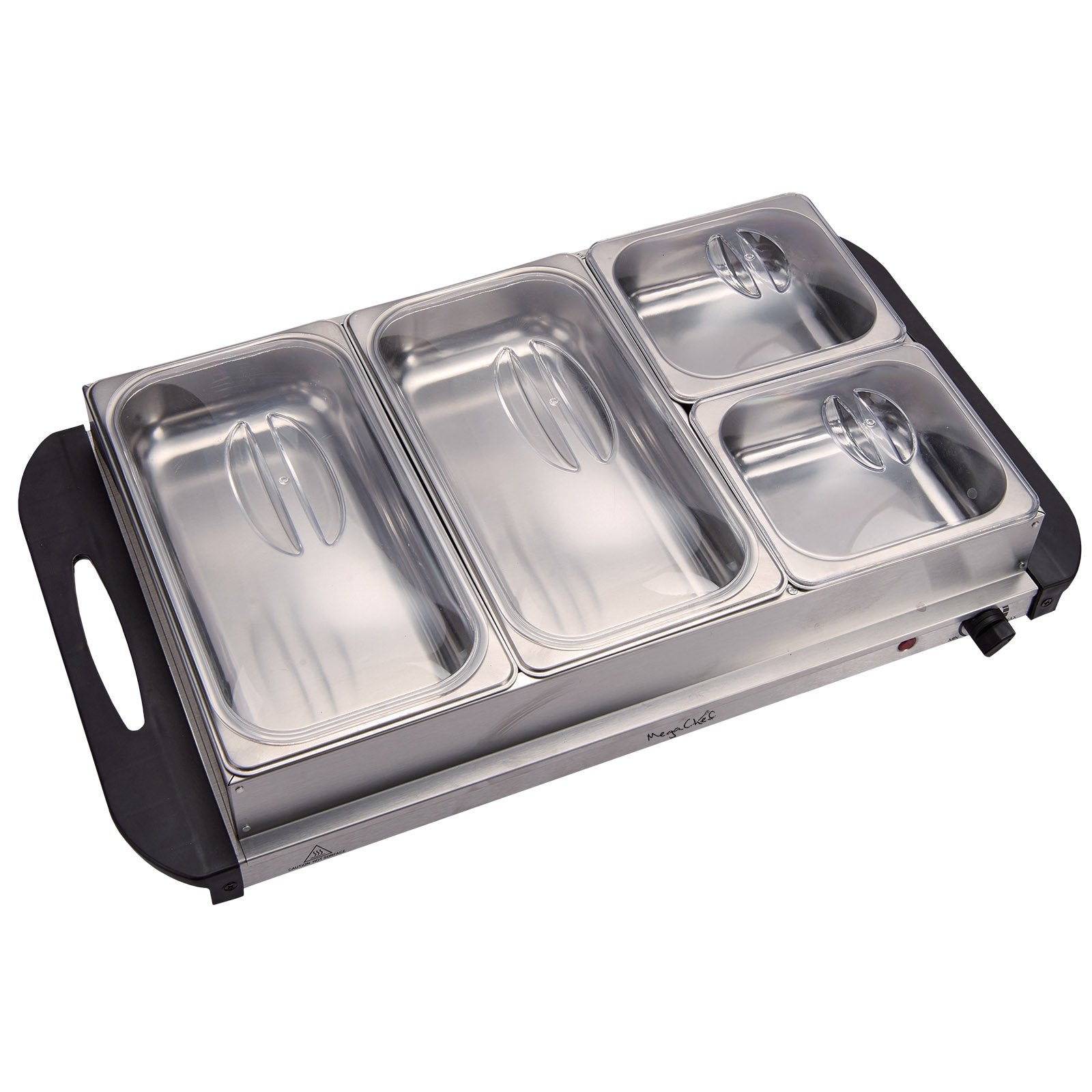 MegaChef Stainless Steel Buffet Server & Food Warmer – 4 Sectional Trays, Large Base Warming Surface, Easy-Clean Stainless Housing for Parties & Holidays