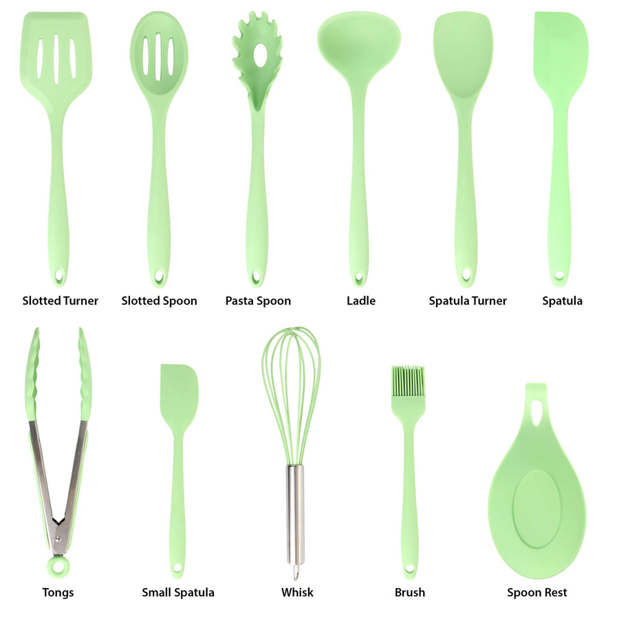 All 12 mint green silicone kitchen utensils labeled: turner, spoons, ladle, spatulas, tongs, whisk, brush, spoon rest