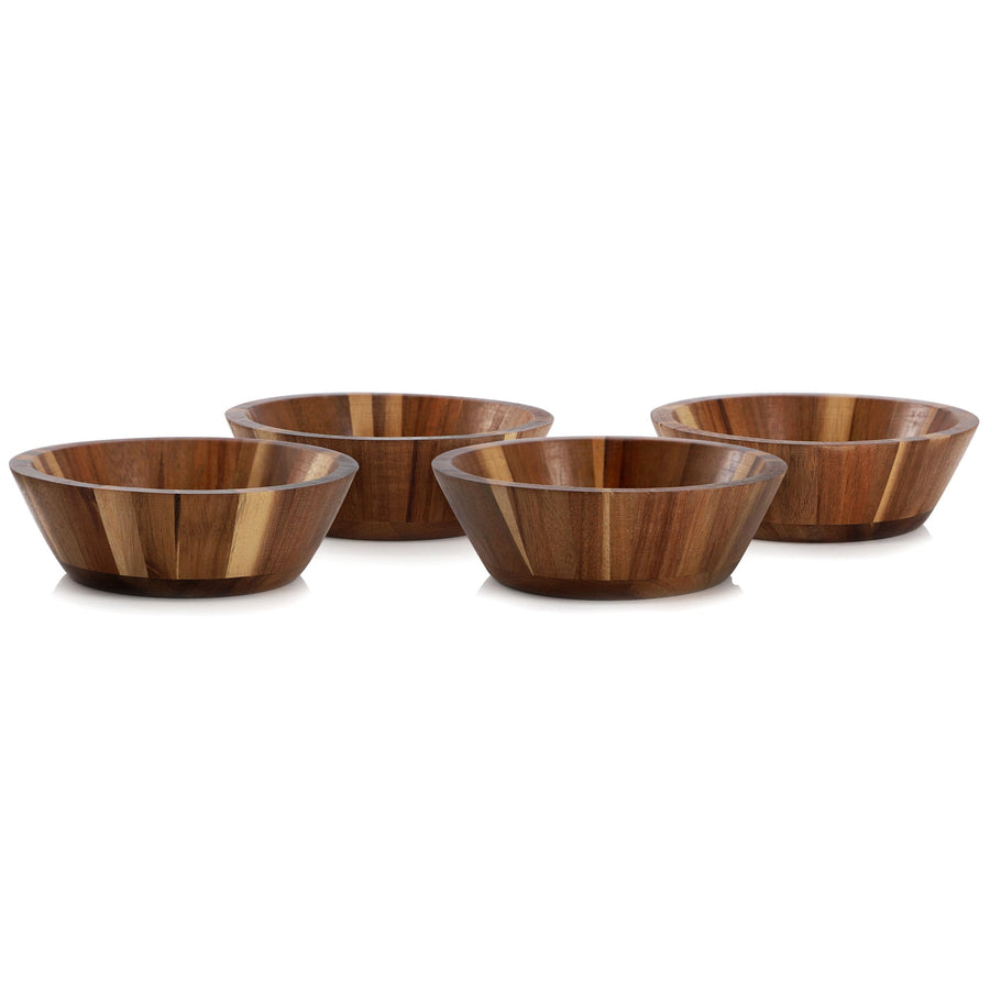 Four acacia wood salad bowls from the side