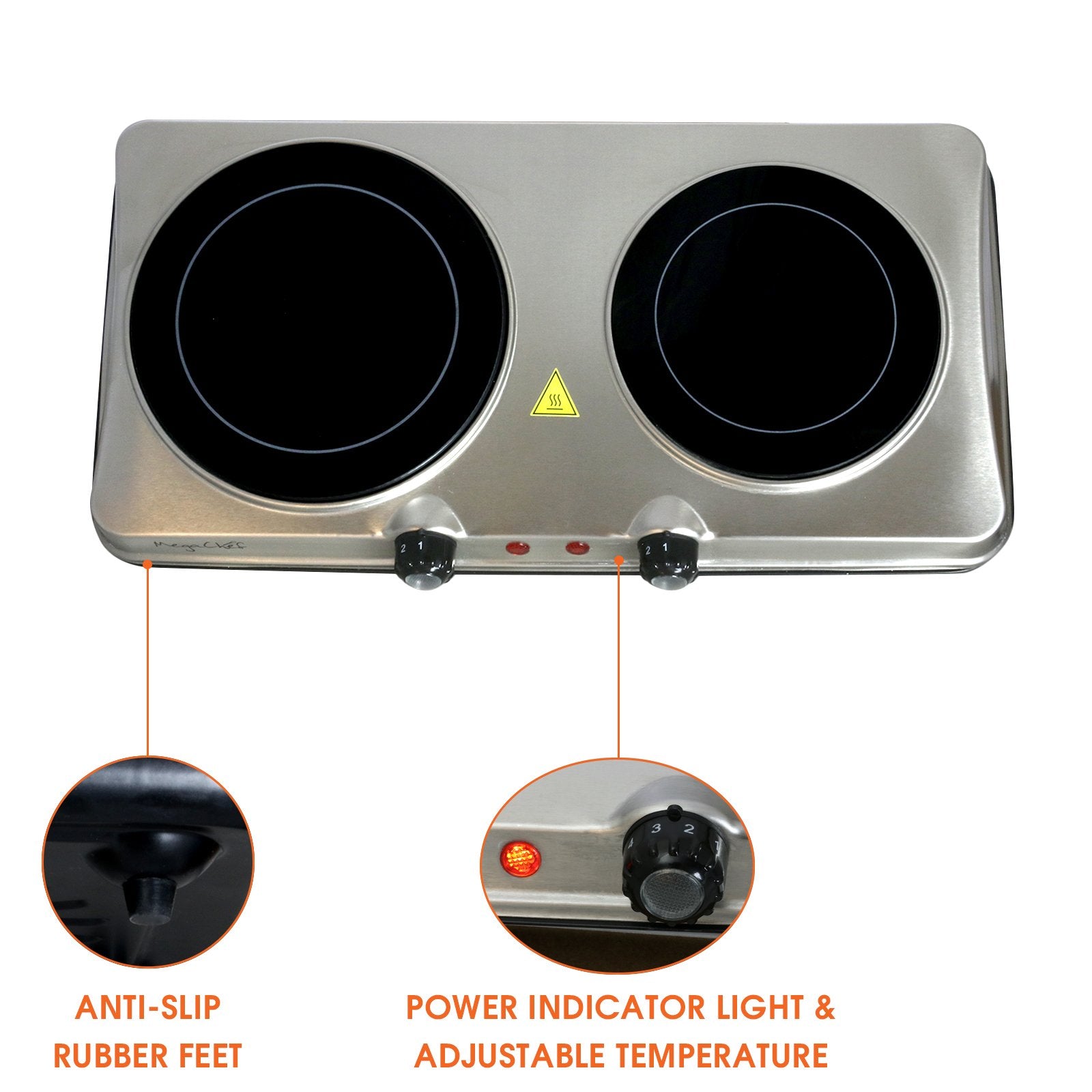 MegaChef Indoor & Outdoor Portable Dual Vitro-Ceramic Infrared Cooktop – 2-Burner Electric Stove with Touch Controls
