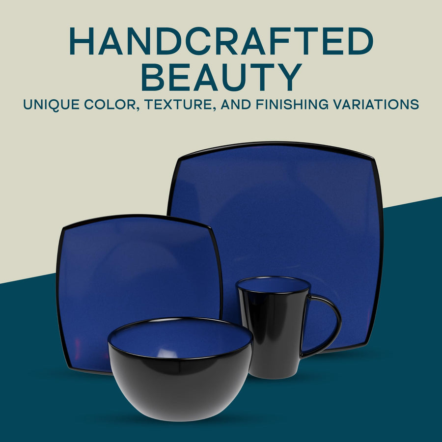 Gibson Soho Lounge 68632.16 16-Piece Square Stoneware Dinnerware Set, Blue Reactive Glaze, Service for 4, Microwave and Dishwasher Safe