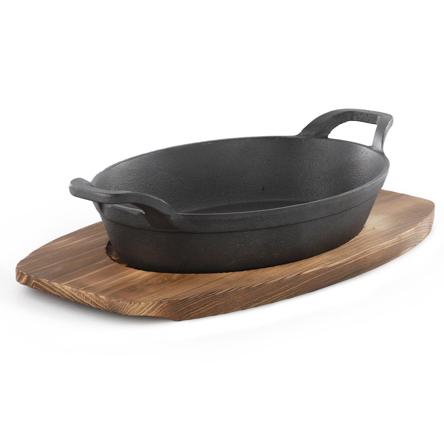 MegaChef Cast Iron Mini Oval Serving Pan with Birch Wood Tray