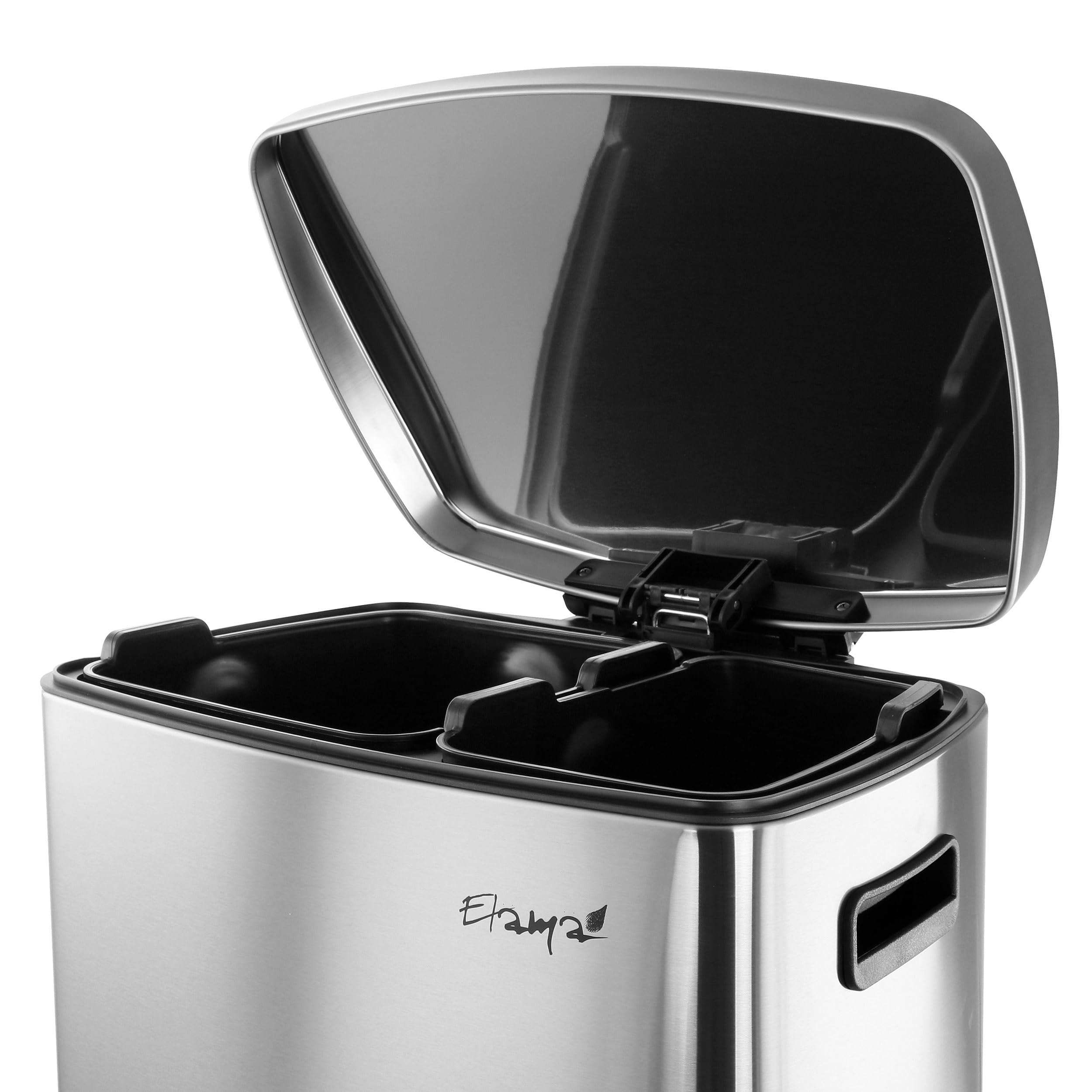 Elama 40L Stainless Steel Step Trash & Recycling Bin – 6.6 Gal + 3.9 Gal Split Compartments, Slow-Close Lid, Hands-Free Pedal (Silver)