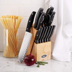 Oster Granger 14-Piece Cutlery Set with Wood Block – Black Handle Stainless Steel Knives, Sharpener & Kitchen Shears