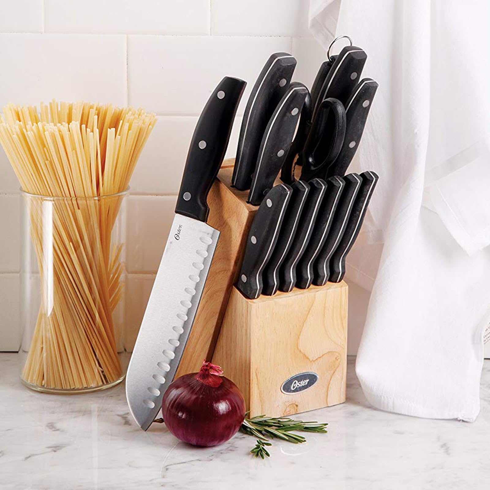 Oster Granger 14-Piece Cutlery Set with Wood Block – Black Handle Stainless Steel Knives, Sharpener & Kitchen Shears