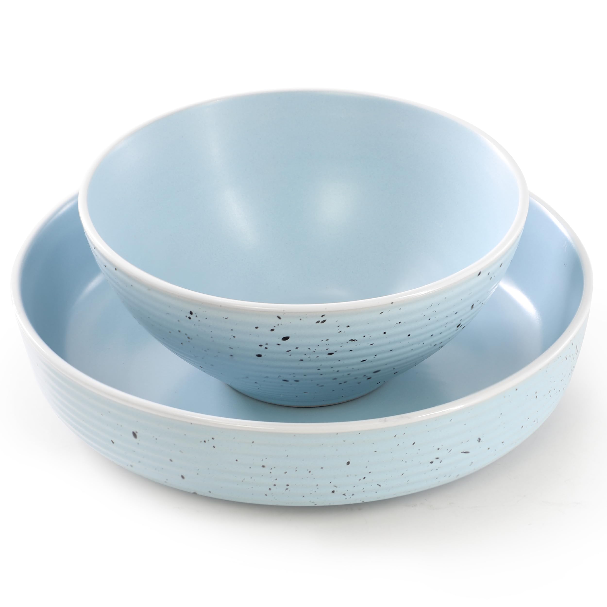 Elama Emilia 16-Piece Double Bowl Stoneware Dinnerware Set – Light Blue, Service for 4 with Plates, Soup & Cereal Bowls