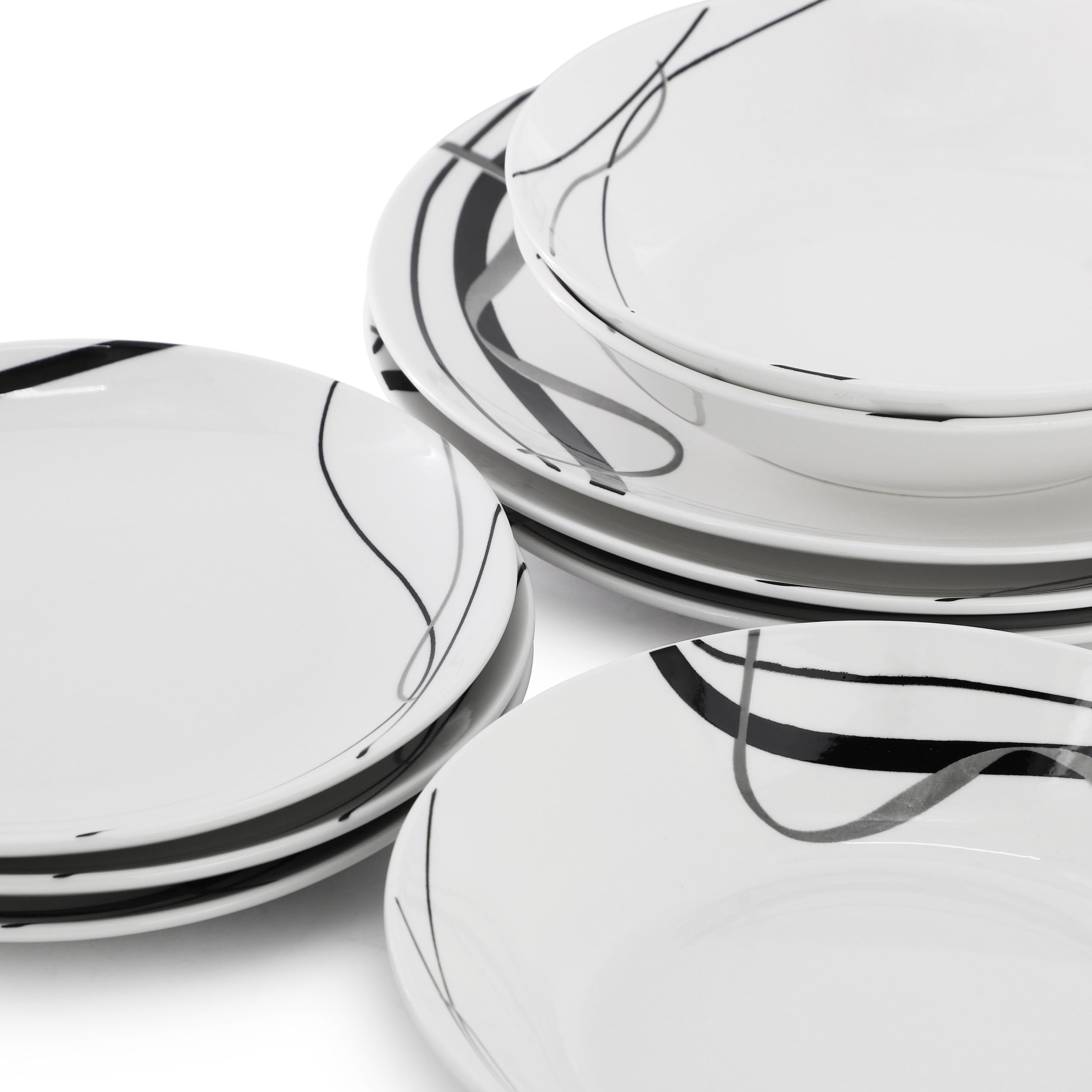 Elama Sarah 18 Piece Porcelain Ribbon Lined Dinnerware Set, Service for 6 in White and Black