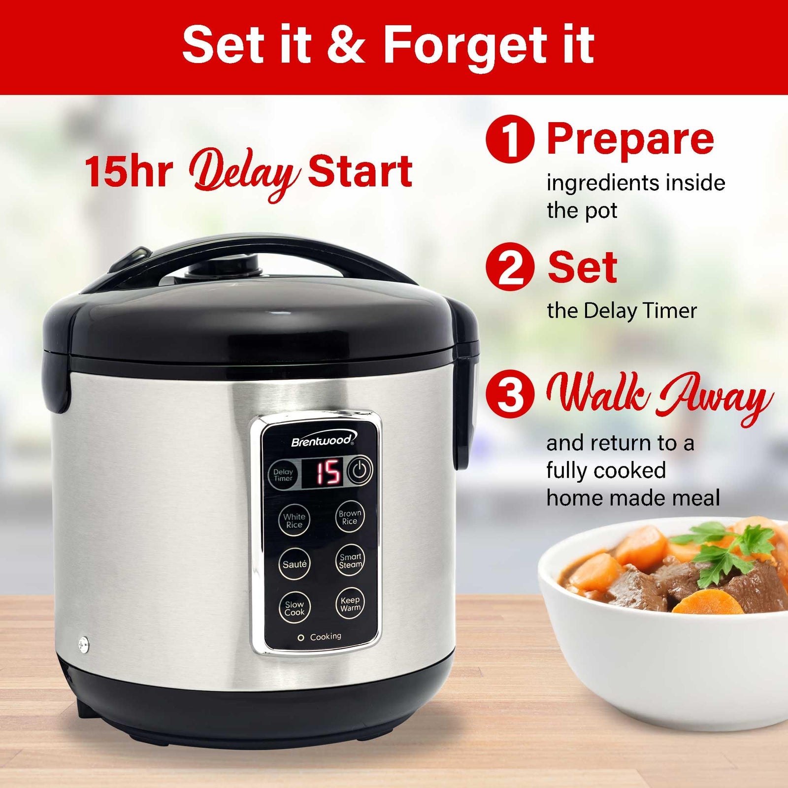 Brentwood RC-5116DS 6-Function Smart Multi-Cooker, 16 Cups Cooked, Stainless Steel
