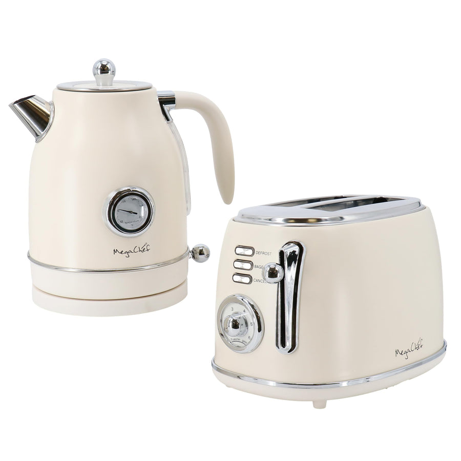 MegaChef 1.7 Quart Electric Tea Kettle and 2 Slice Toaster Combo in Matte Cream