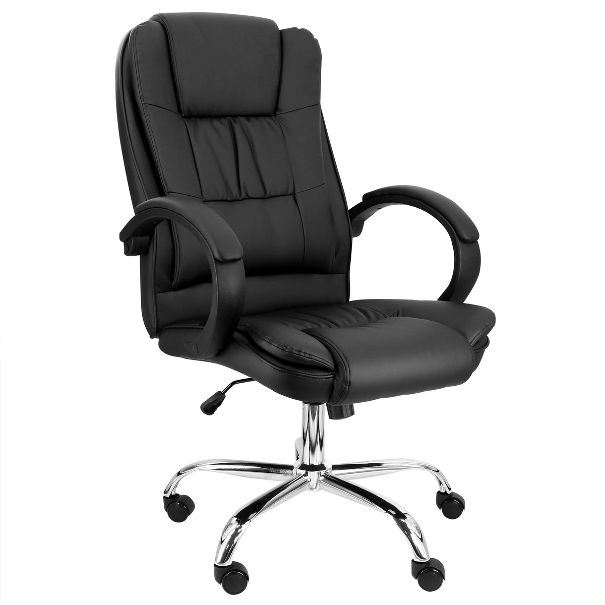 Elama black faux leather high back office chair with padded head and neck cushion, padded arms and chrome base, front three-quarter view
