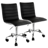 Set of 2 Elama black striped faux leather rolling office chairs with chrome trim and five-wheel bases, front three-quarter view