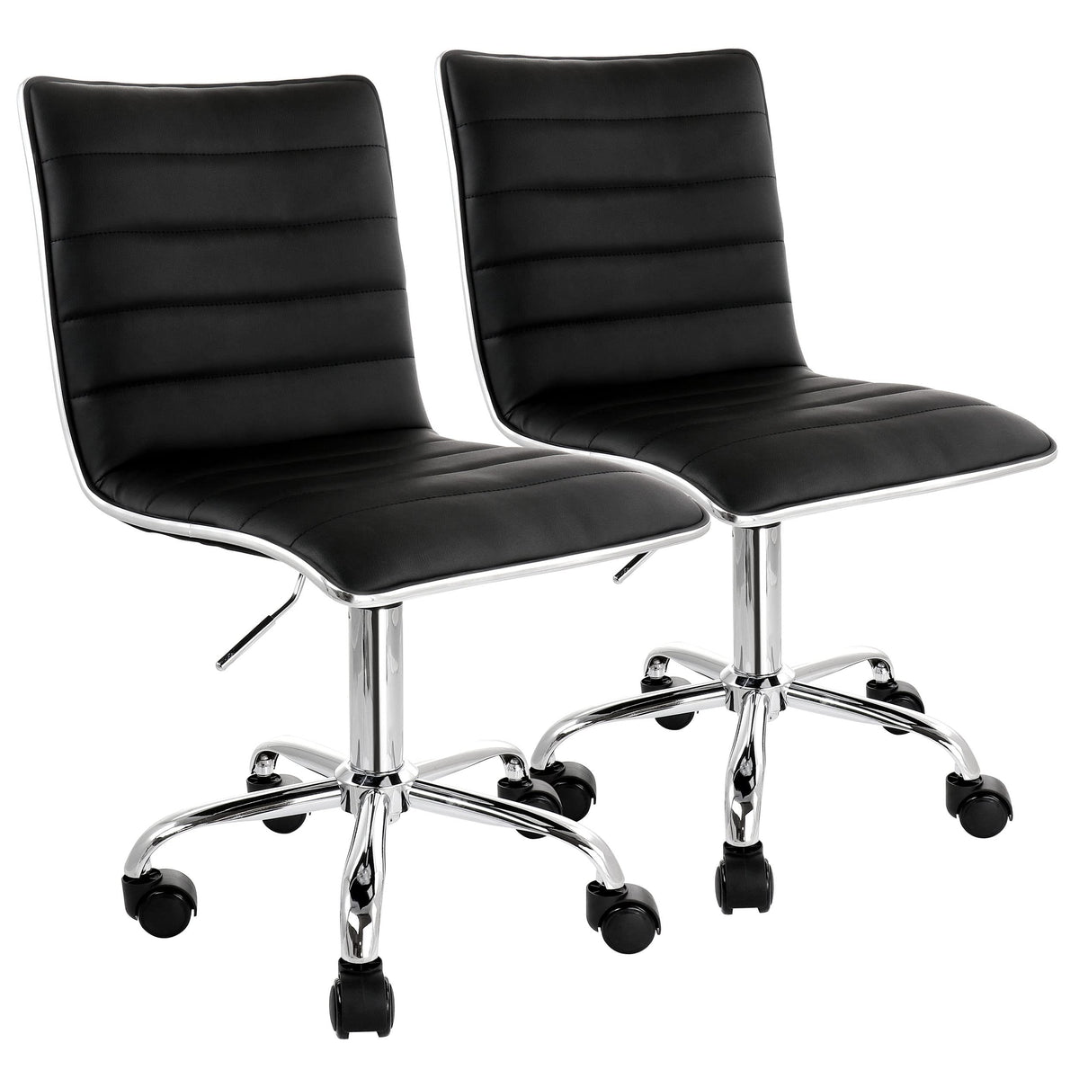 Set of 2 Elama black striped faux leather rolling office chairs with chrome trim and five-wheel bases, front three-quarter view