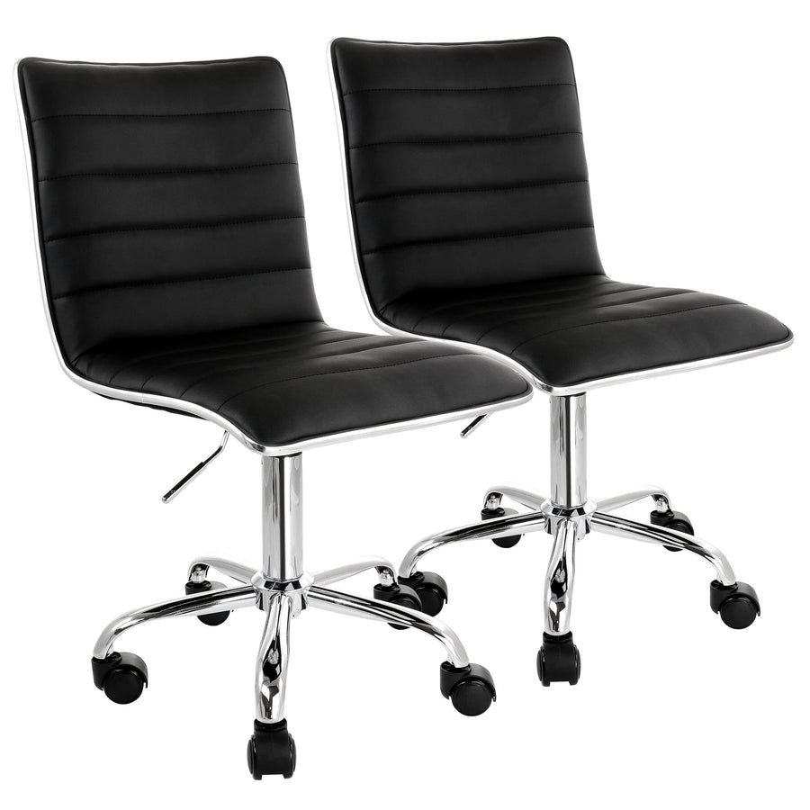 Set of 2 Elama black striped faux leather rolling office chairs with chrome trim and five-wheel bases, front three-quarter view