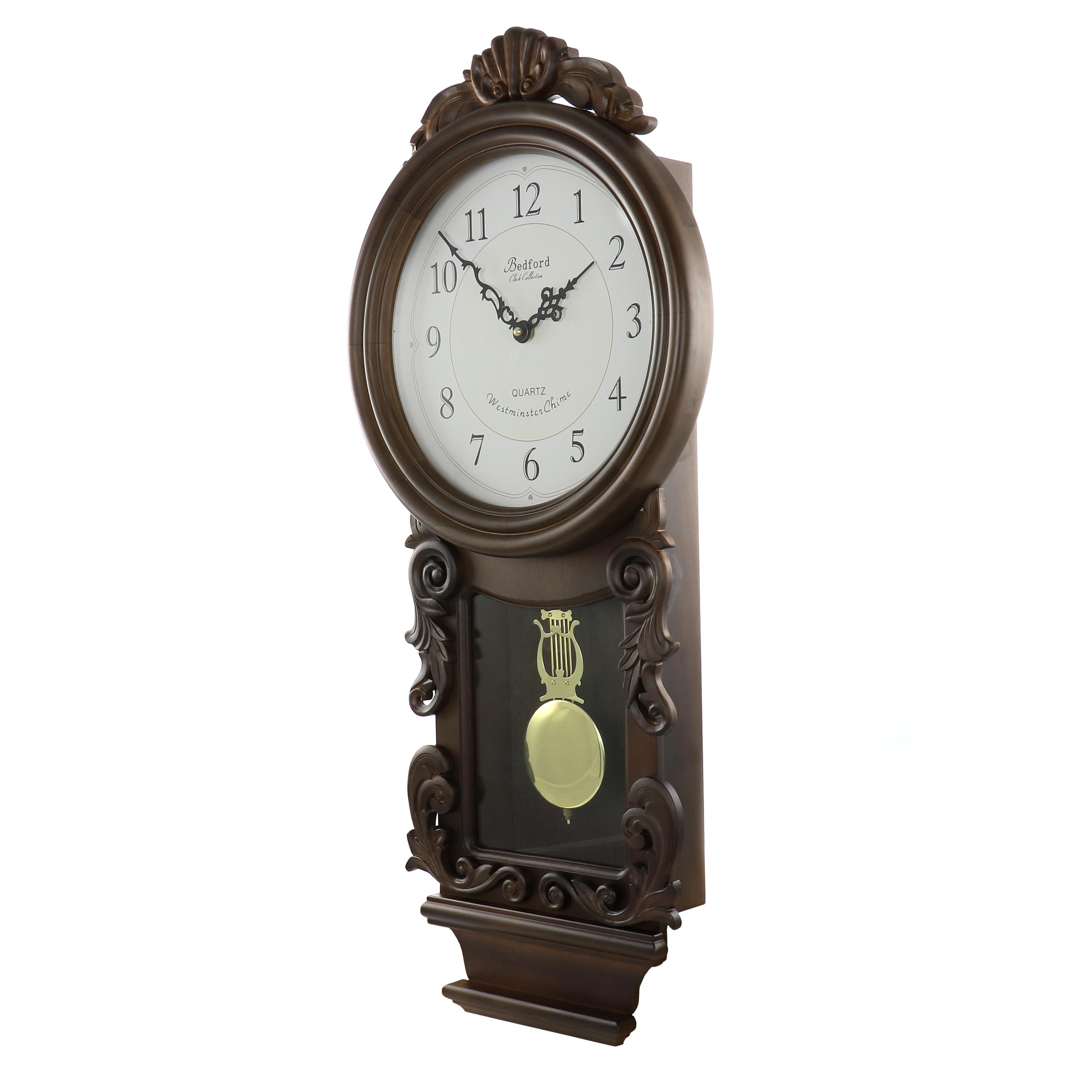 Bedford Clock Collection Chestnut Chiming Pendulum Wall Clock – Westminster Chime, Quartz Movement, Traditional Wood Frame