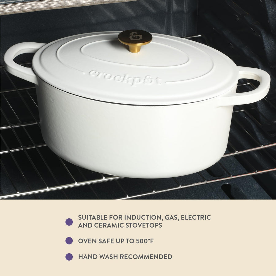 Crock-Pot Artisan 7-Quart Oval Enameled Cast Iron Dutch Oven with Lid, Linen White with Gold Knob