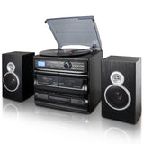 Trexonic 3-Speed Turntable Music Center with CD, Dual Cassette, FM Radio, Bluetooth & USB/SD Recording, Wood Cabinet