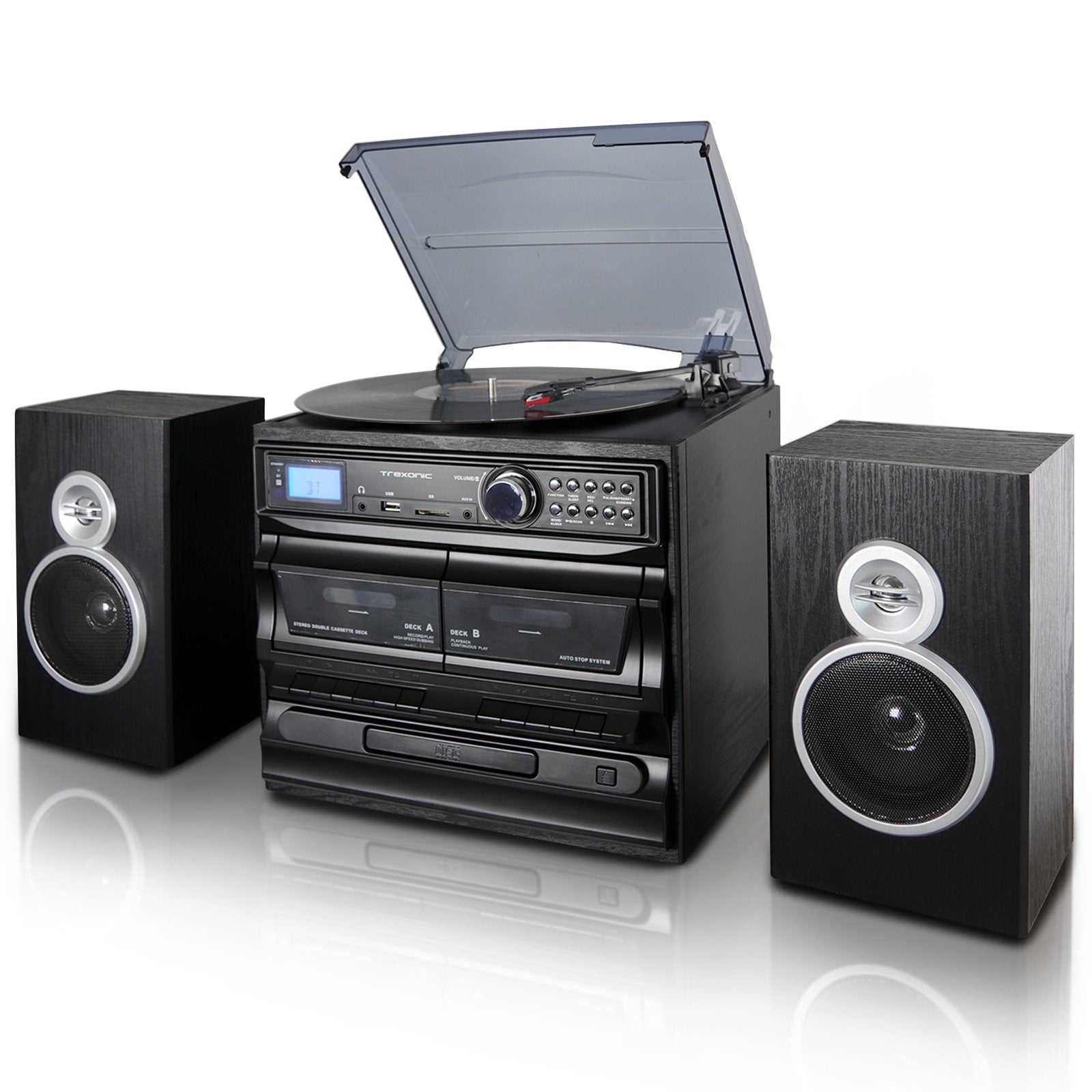 Trexonic 3-Speed Turntable Music Center with CD, Dual Cassette, FM Radio, Bluetooth & USB/SD Recording, Wood Cabinet