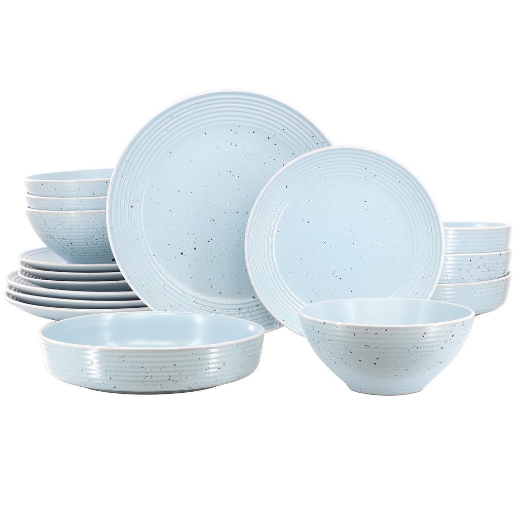 Elama Emilia 16-Piece Double Bowl Stoneware Dinnerware Set – Light Blue, Service for 4 with Plates, Soup & Cereal Bowls