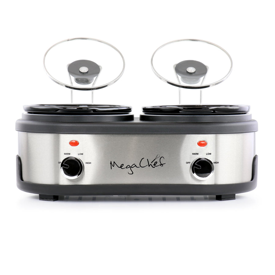 Front of the dual crock slow cooker with two glass lids on lid rests