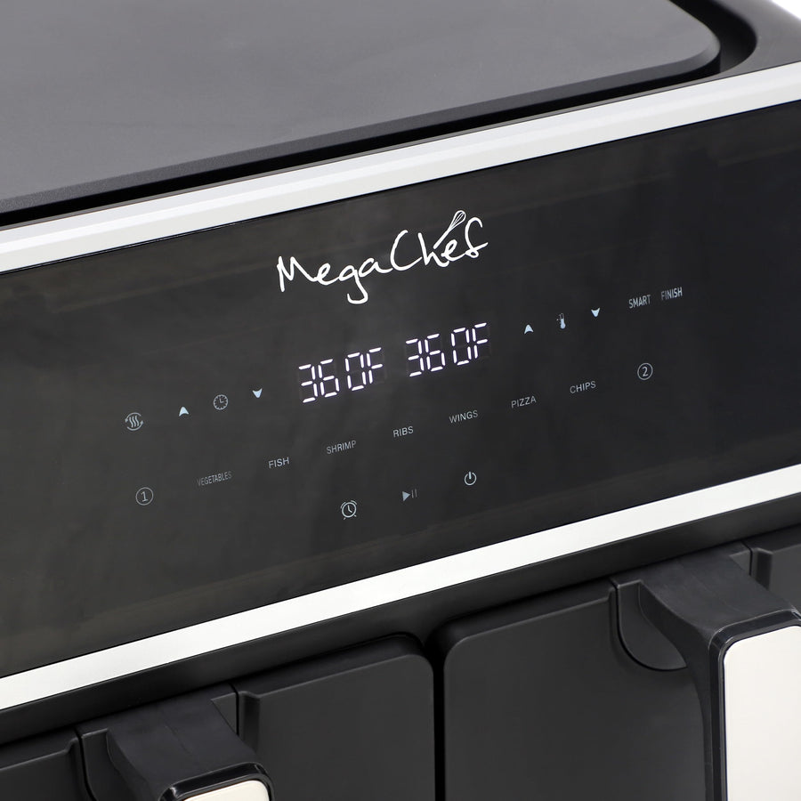 MegaChef MCAI-DUAL Dual Basket 1700W Digital Air Fryer, Two Independent 4.8-Quart Zones, 9.6-Quart Total, LED Touch Display, Black and Stainless Steel
