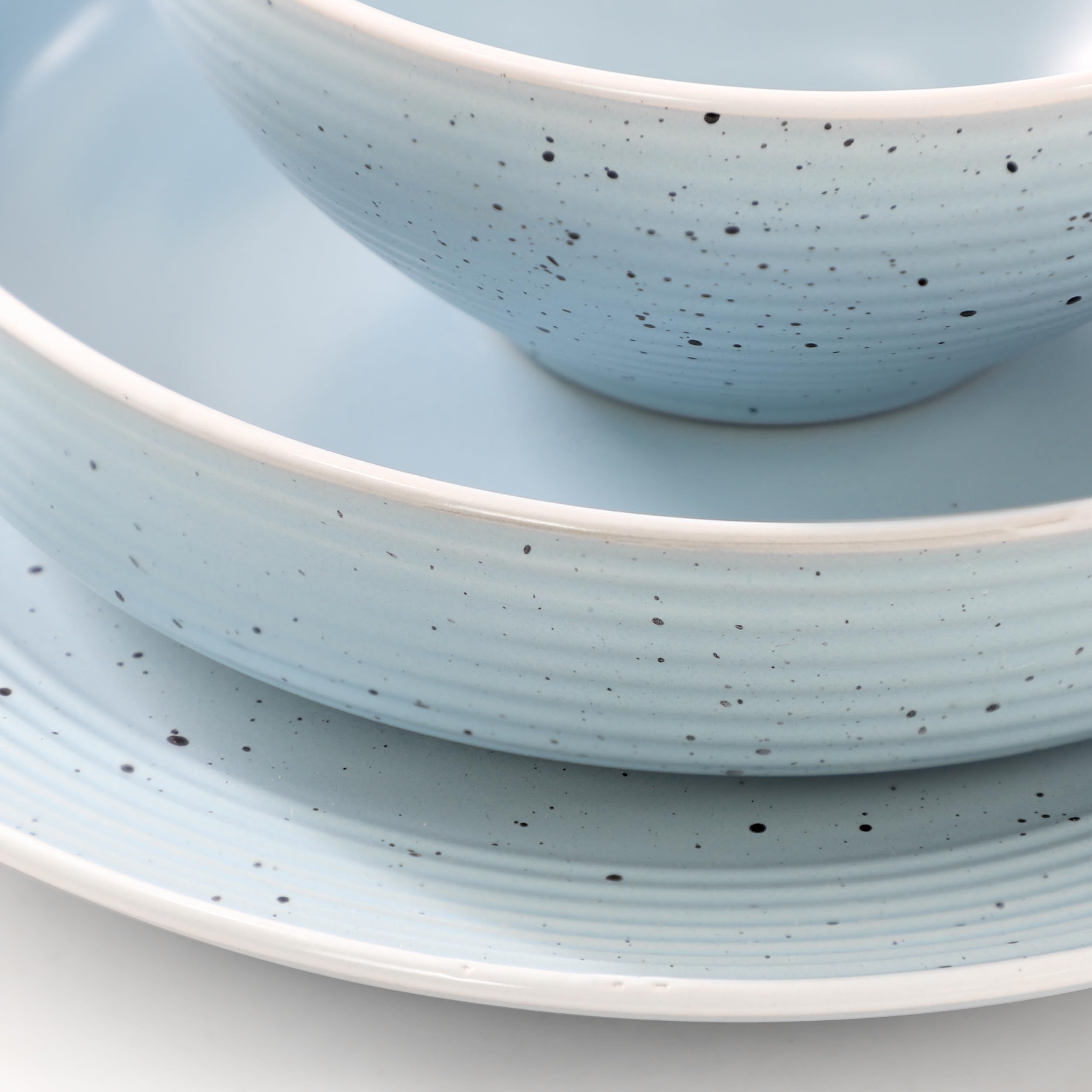 Elama Emilia 16-Piece Double Bowl Stoneware Dinnerware Set – Light Blue, Service for 4 with Plates, Soup & Cereal Bowls
