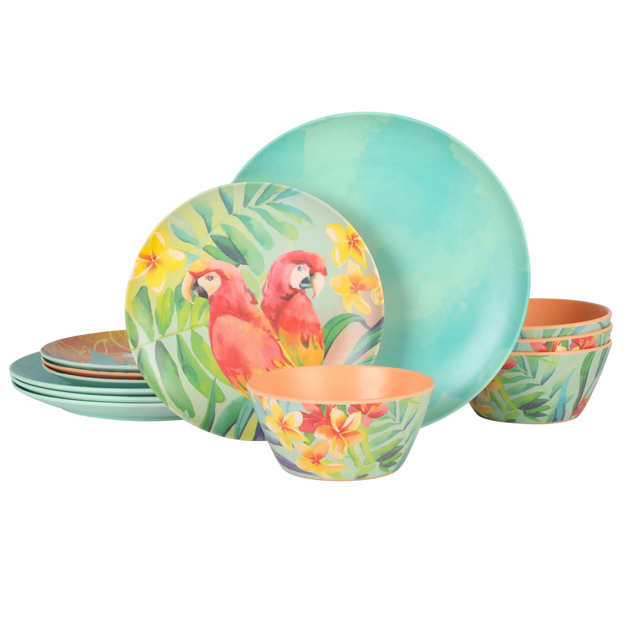 Laurie Gates 136568.12 Tropical Parrots Melamine Dinnerware Set Assorted Design - 12 Piece