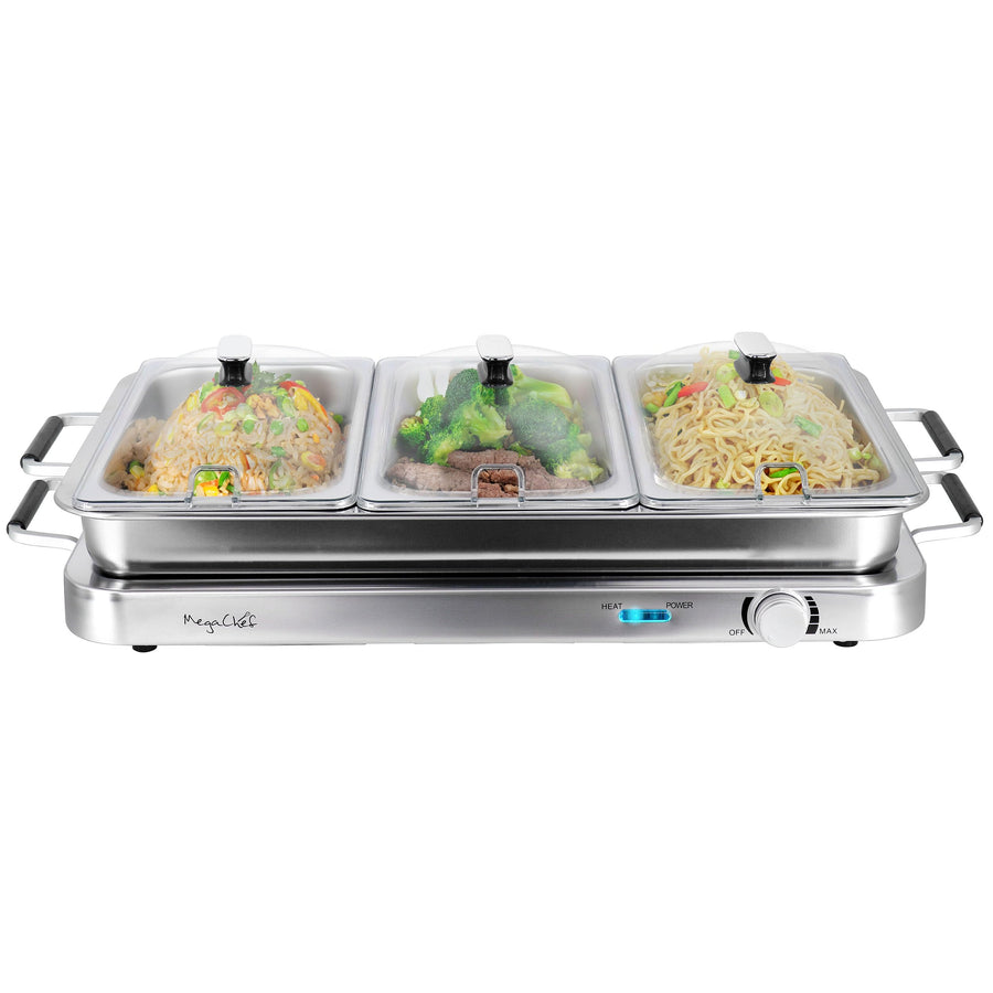 MegaChef 3-in-1 electric chafing buffet server and warming tray with three 2.63 quart stainless steel trays