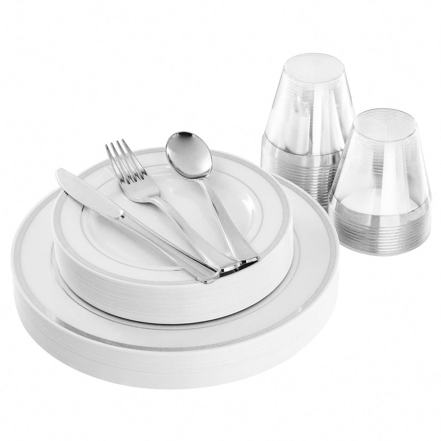 Elama 150-piece disposable plastic party dinnerware set for 25 guests, white plates and cups with silver trim and matching cutlery