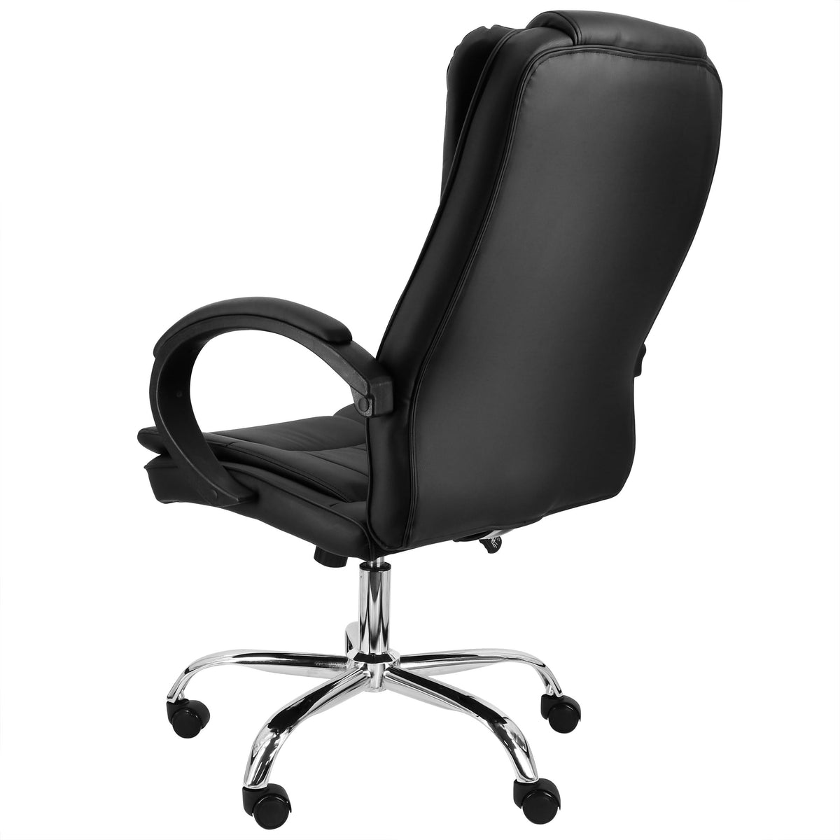 Elama black faux leather high back office chair, back three-quarter view showing the padded back and chrome five-star base