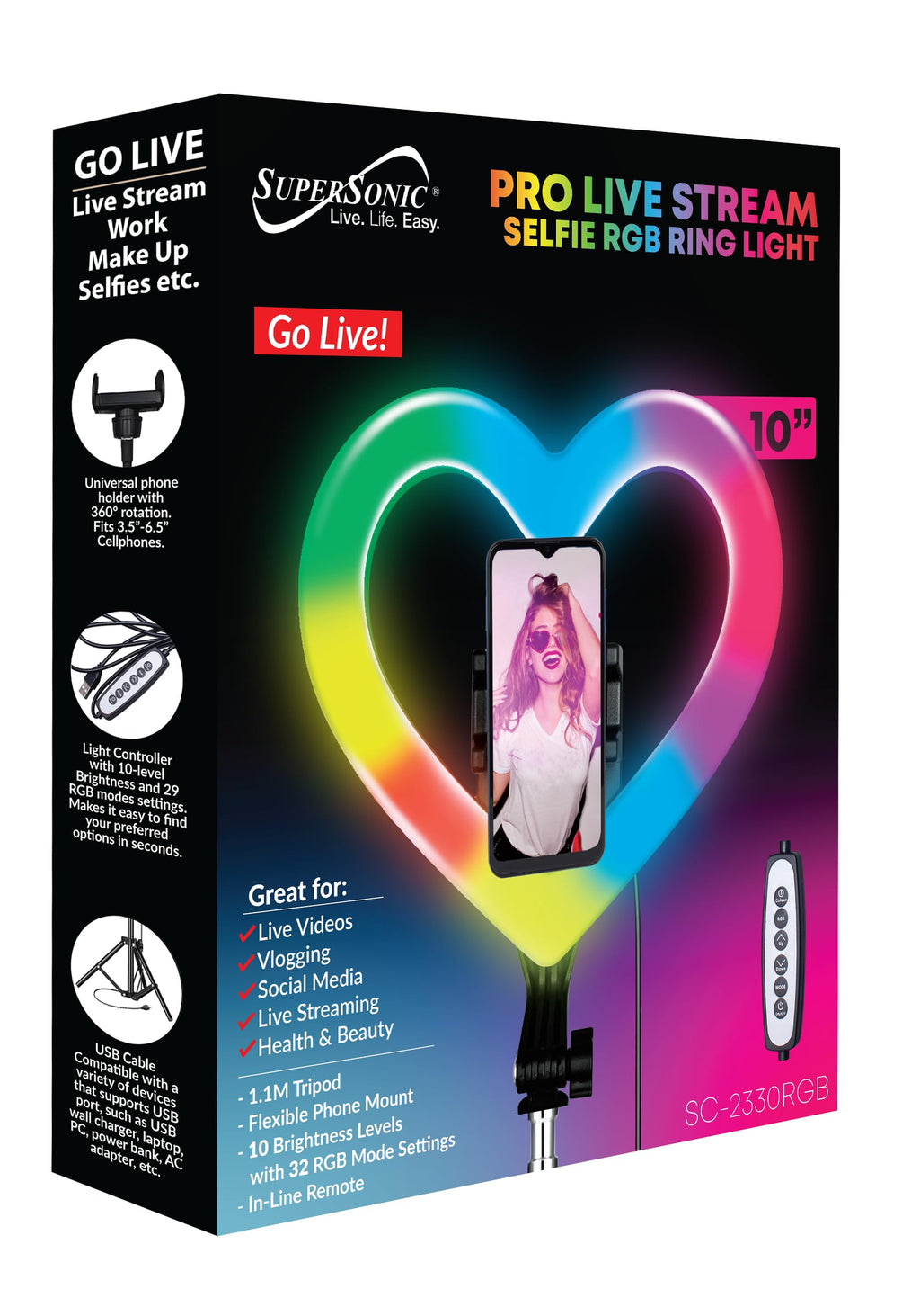 SuperSonic SC-2330RGB 10 Inch Heart Ring Light with RGB, Tripod and Phone Holder