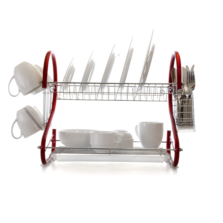 Front view of the MegaChef red 2-tier dish rack with plates on top, bowls and cups below and mugs hung on the side