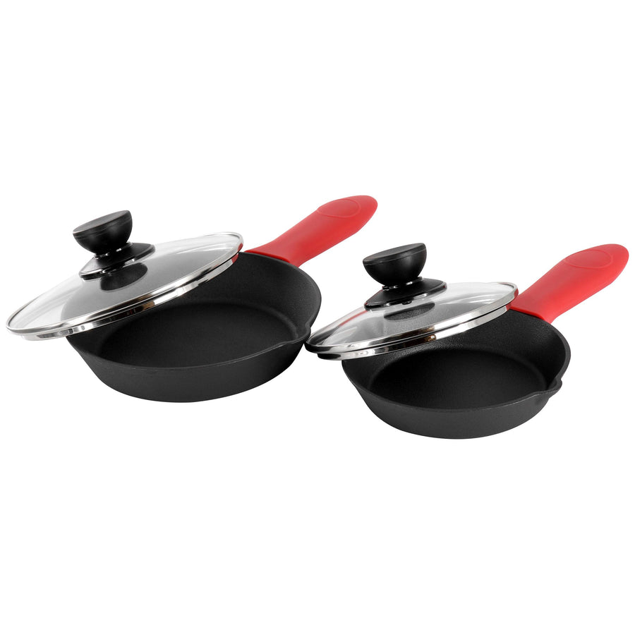 MegaChef 13-Piece Pre-Seasoned Cast Iron Skillet Set with Tempered Glass Lids & Silicone Handle Holders