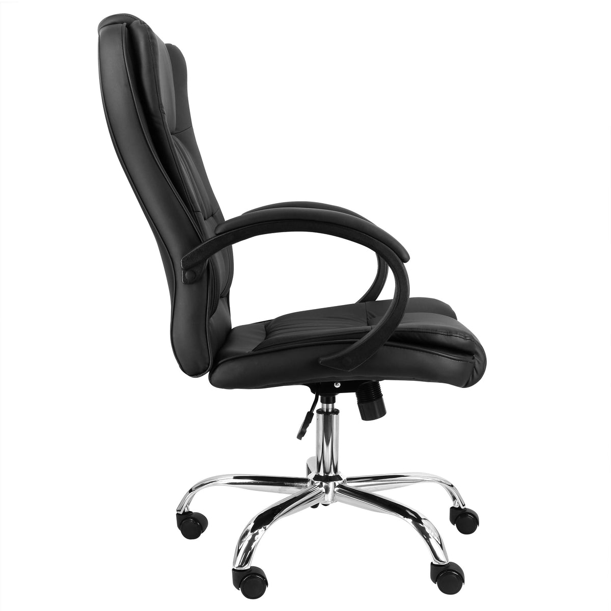 Elama black faux leather high back office chair, side profile showing the padded headrest, looped armrest and gas lift