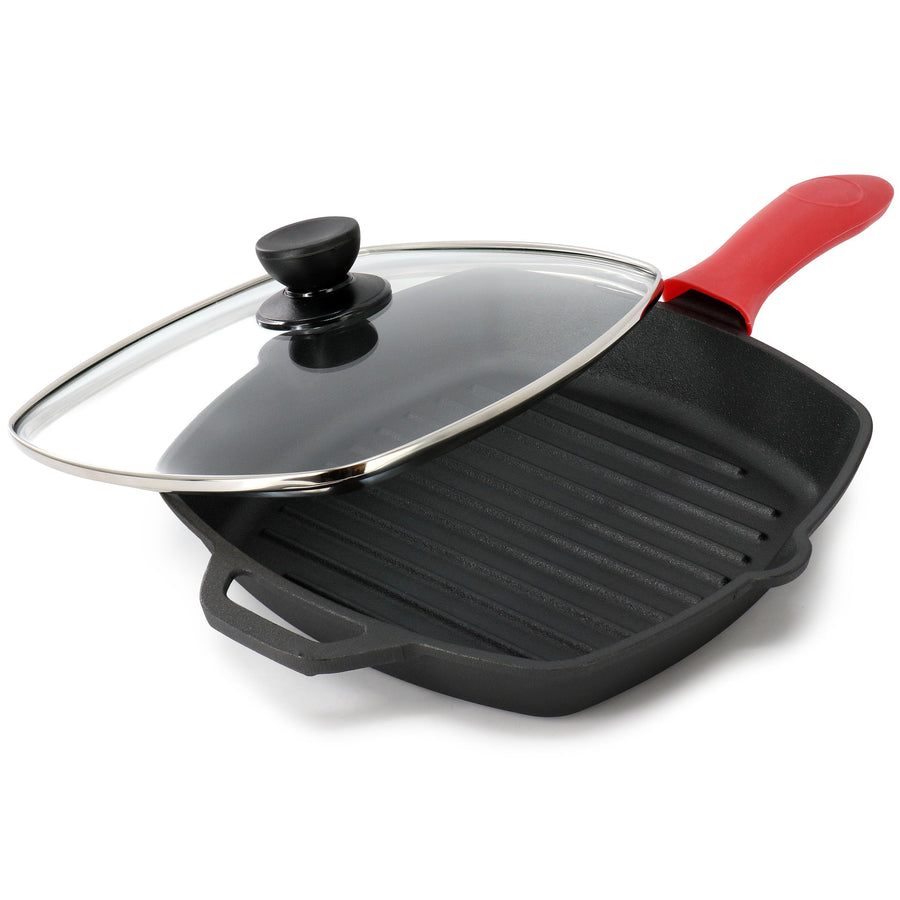 Square pre-seasoned cast iron grill pan with tempered glass lid and red silicone handle holder