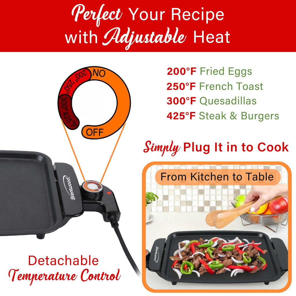 Brentwood TS-810 12 x 10 Inch Ceramic Non-Stick Electric Griddle - Black, 1200W PFAS-Free with Adjustable Temperature