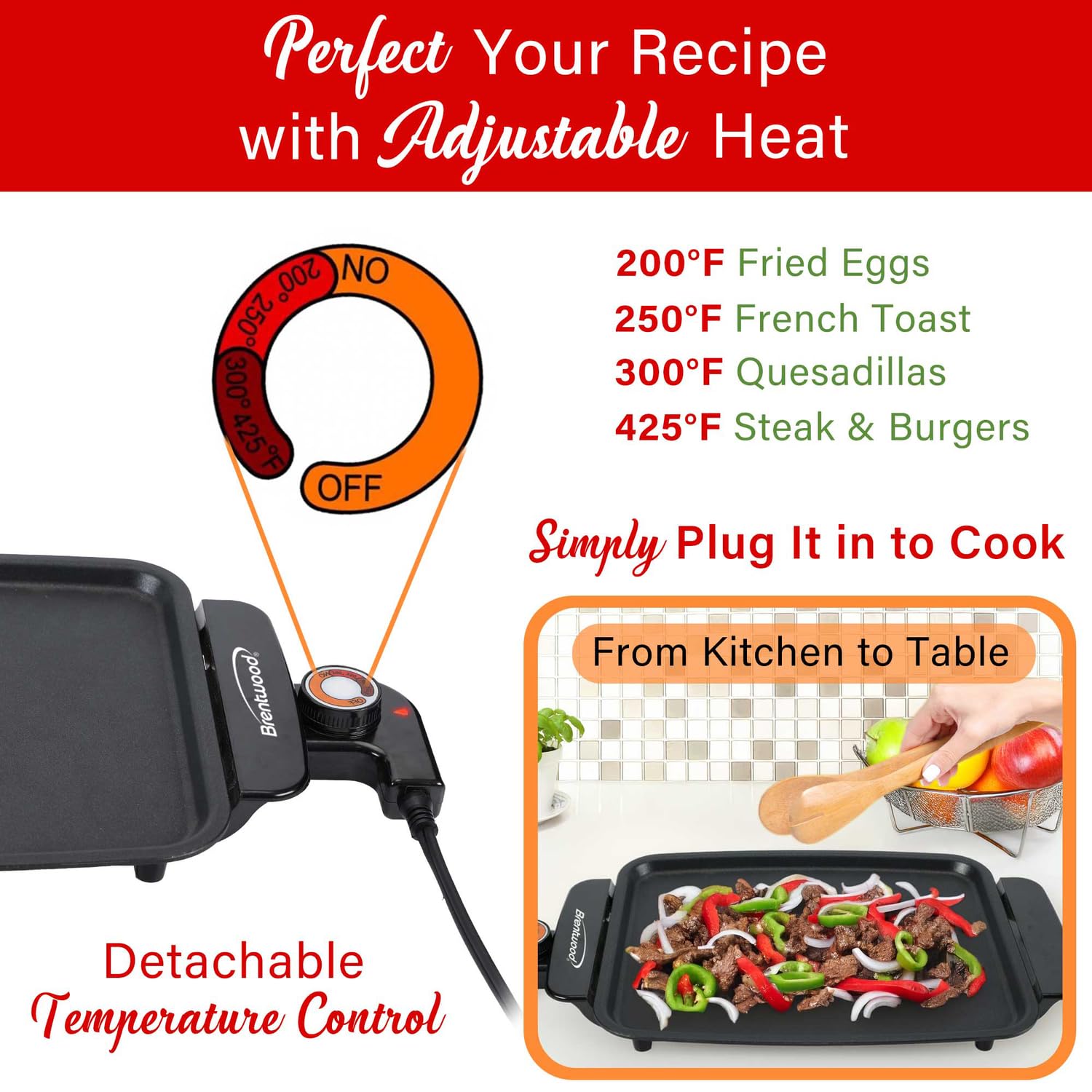 Brentwood TS-810 12 x 10 Inch Ceramic Non-Stick Electric Griddle - Black, 1200W PFAS-Free with Adjustable Temperature