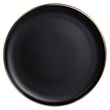 Top view of an 8 inch matte black salad plate with gold rim