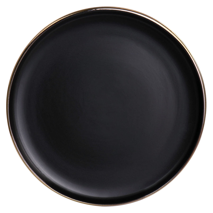 Top view of an 8 inch matte black salad plate with gold rim