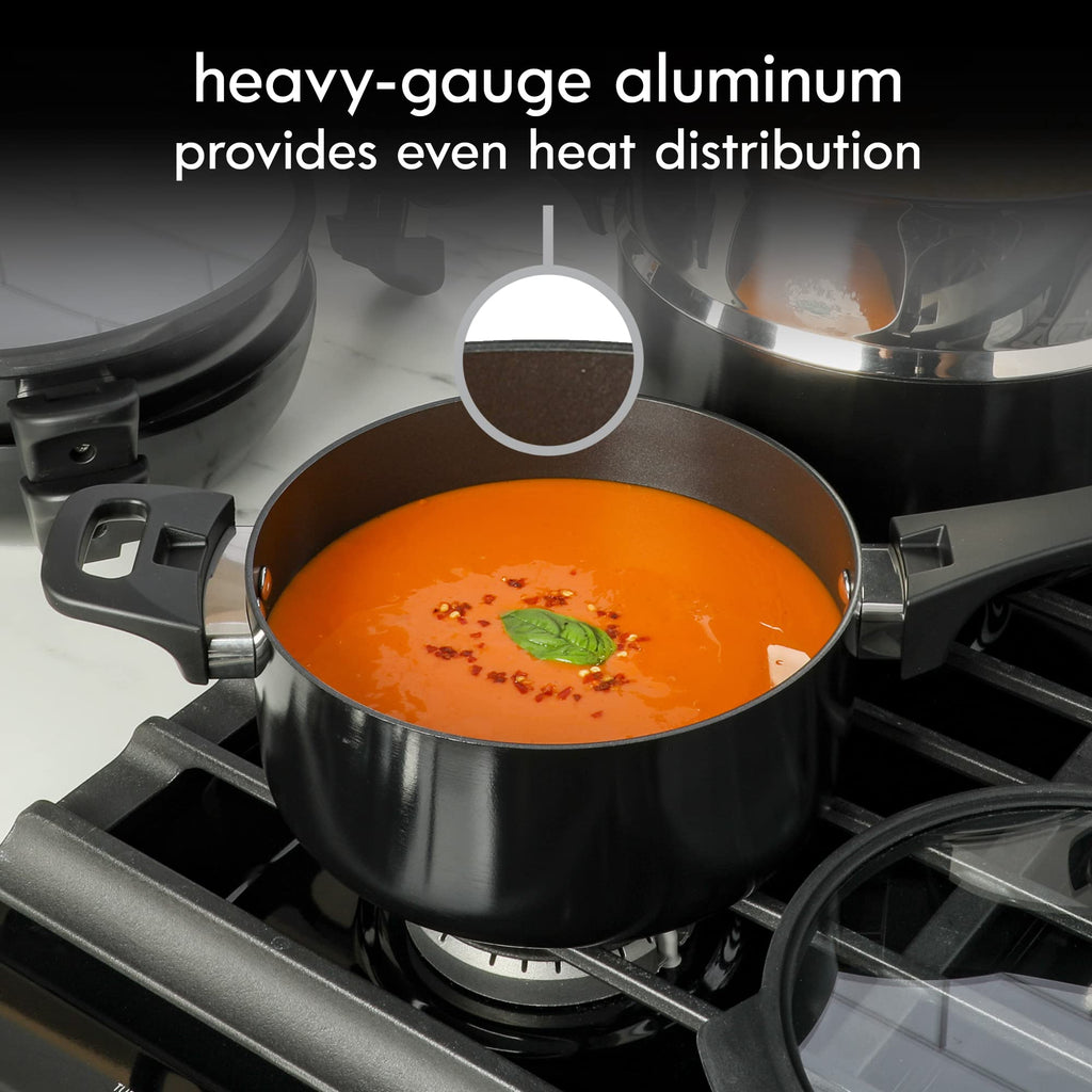 Kenmore Elite Grayson 9-Piece Stackable Platinum Nonstick Forged Aluminum Cookware Set – Induction-Ready Pots & Pans with Tempered Glass Lids & Stainless Steamer (Black)