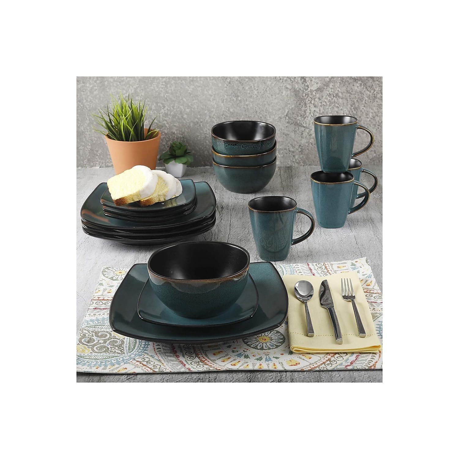 Gibson Elite Soho Lounge 16-Piece Dinnerware Set – Modern Teal Reactive Glaze Stoneware, Service for 4